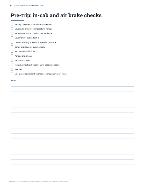 Preview of Printable CDL Cab and Air Brakes Checklist