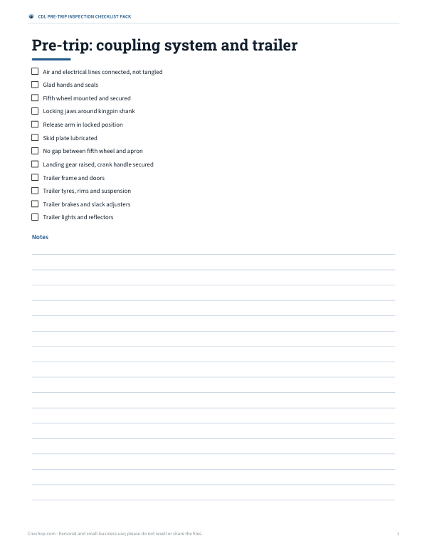 Preview of Printable CDL Coupling and Trailer Checklist