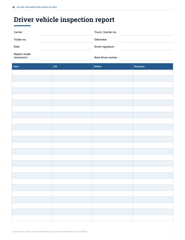 Preview of Printable DVIR Inspection Form