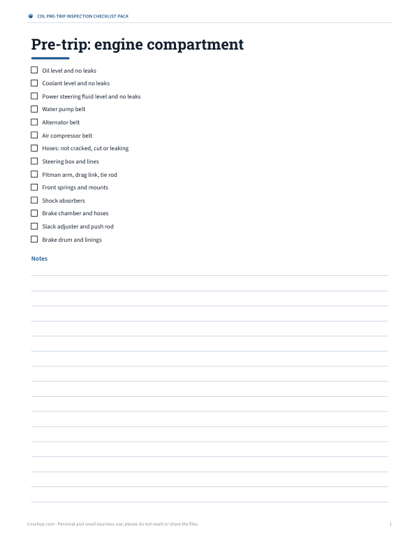 Preview of Printable CDL Engine Compartment Checklist