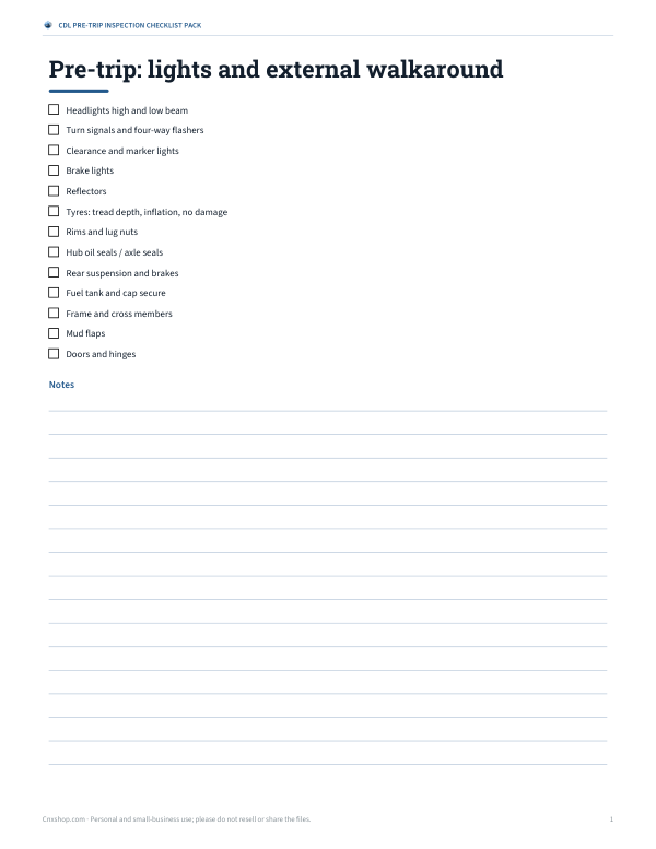 Preview of Printable CDL Lights and Walkaround Checklist