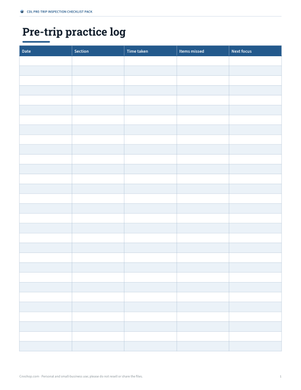 Preview of Printable CDL Pre-Trip Practice Log