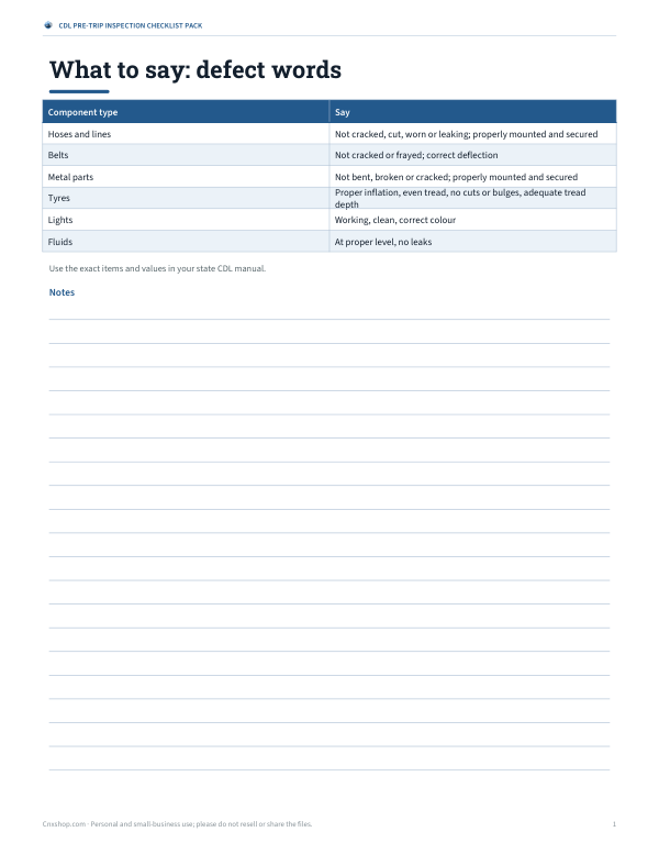 Preview of Printable CDL Pre-Trip Defect Words Sheet